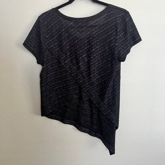 Marc By Marc Jacobs Metallic Top Black Stripe Asymmetric Hem Short Sleeve Sz M - Picture 2 of 4